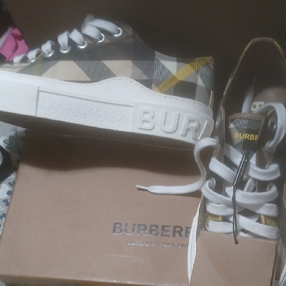 Burberry Beige and Yellow Plaid Sneakers - Picture 1 of 2